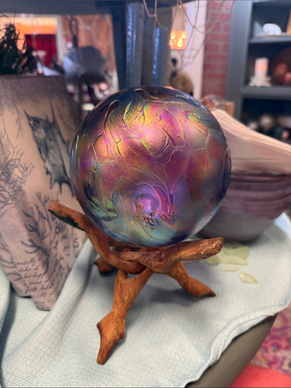 This hand-blown glass piece is an Oregon Float art glass sphere